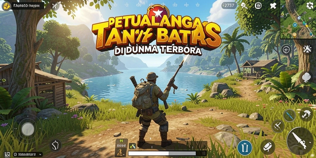 Screenshot gameplay menunjukkan eksplorasi dunia terbuka yang luas.