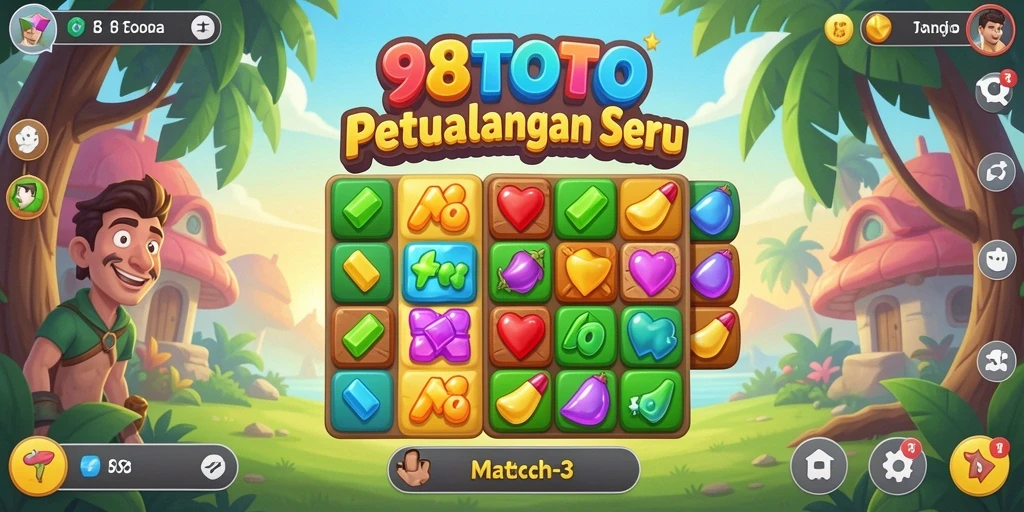 Tangkapan layar gameplay 98TOTO yang menampilkan dunia warna-warni dalam Match-3.