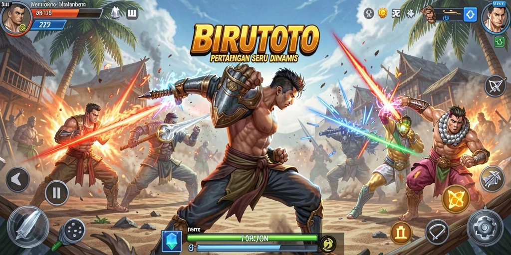Gameplay BIRUTOTO menampilkan pertarungan yang mendebarkan.