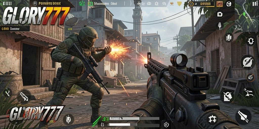 Tangkapan layar gameplay GLORY777 menampilkan aksi menegangkan dalam pertandingan FPS.