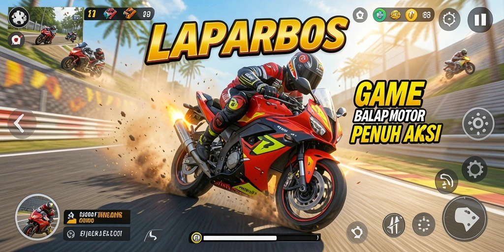 Tangkapan layar dari gameplay LAPARBOS yang menunjukkan aksi balap motor.