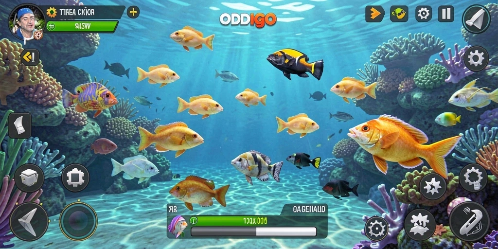Tampilan gameplay ODDIGO dengan aksi menembak ikan yang seru.