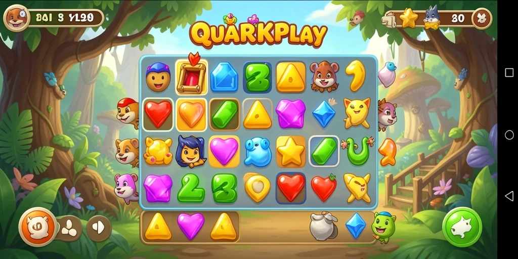 Tangkapan layar utama QUARKPLAY menampilkan gameplay Match-3 yang menantang dan menarik.